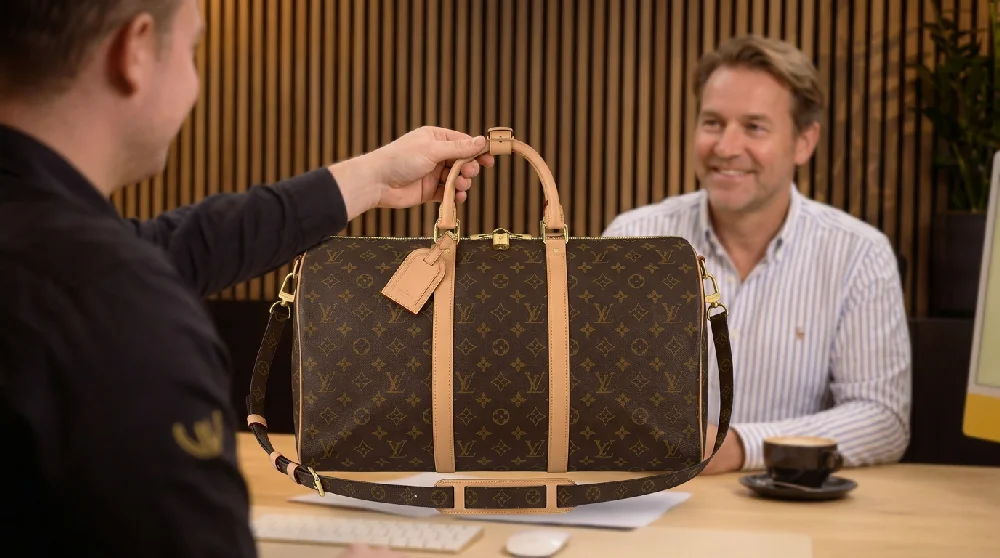 Vrouw vult digitaal aanvraagformulier in voor Louis Vuitton Keepall 50 Bandouliere