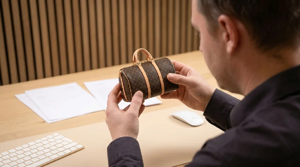 Een man bekijkt van achteren een miniatuurversie van een Louis Vuitton-handtas die hij in zijn handen houdt. Hij zit aan een houten bureau met een toetsenbord, computermuis en documenten. op de achtergrond een houten lattenwand.
