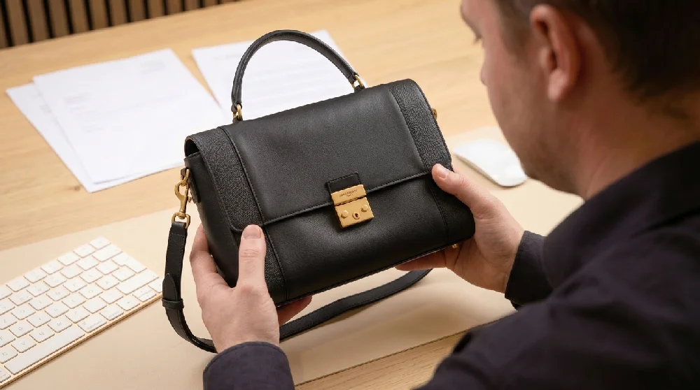 Close-up van een hand die de kwaliteit van een Saint Laurent tas inspecteert tijdens een afspraak.