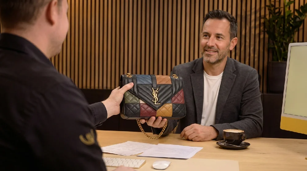 Vrouw vult online formulier in op tablet voor verpanding van een tas