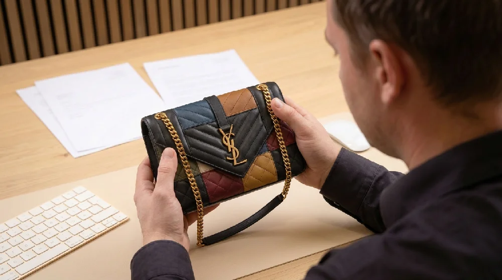 Gedetailleerde inspectie van een Saint Laurent Loulou Medium tas tijdens een afspraak
