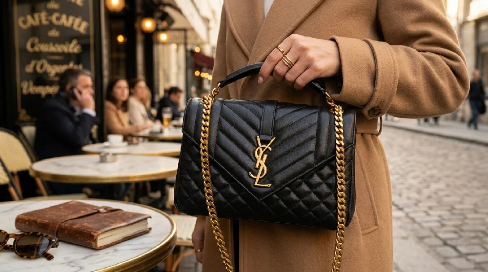 Een close-up van een hand met gouden ringen die een zwarte, gewatteerde leren handtas van Yves Saint Laurent (YSL) vasthoudt aan het handvat. De tas heeft een goudkleurig metalen logo en een gouden schakelketting. De persoon draagt een klassieke camelkleurige jas. Op de achtergrond is een sfeervol, wazig terras te zien met marmeren tafeltjes, zittende mensen en een historisch Frans cafébord.