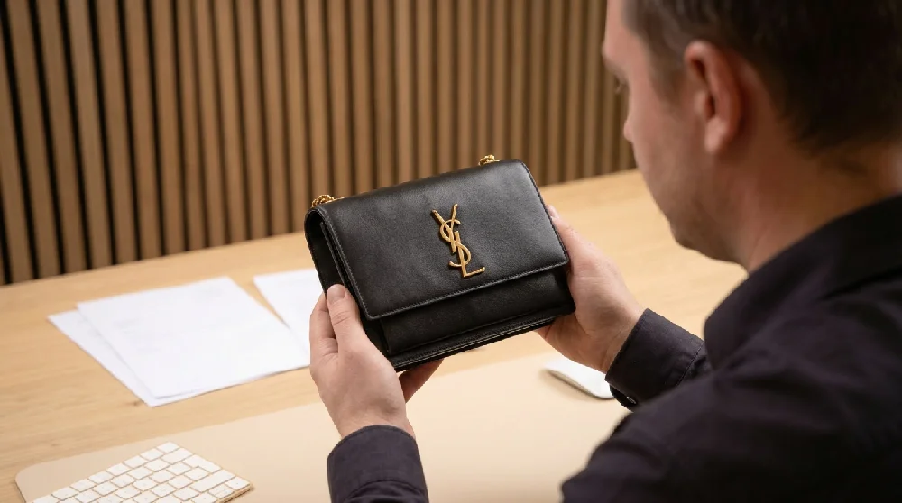 Expert van Vandaag Verpanden inspecteert een Saint Laurent tas