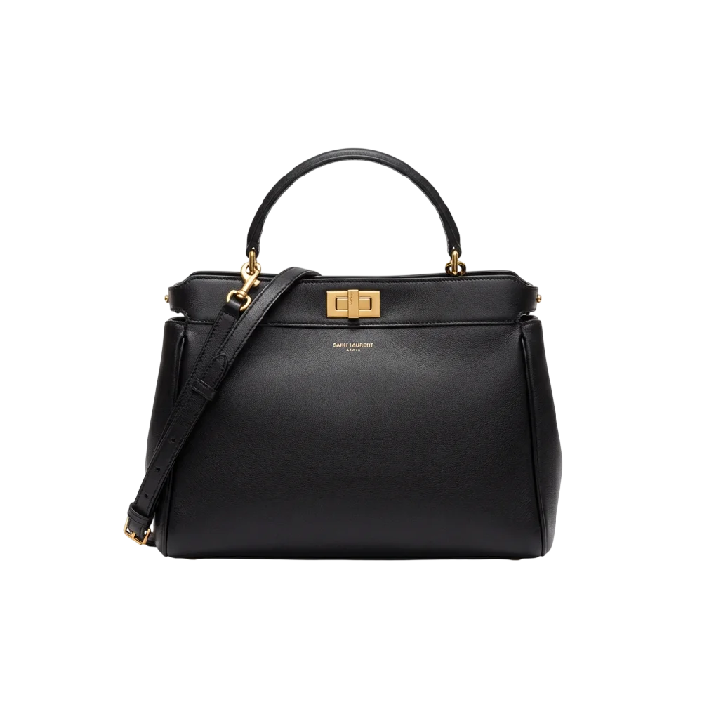 Saint Laurent Manhattan Medium tas in zwart leer op een neutrale achtergrond
