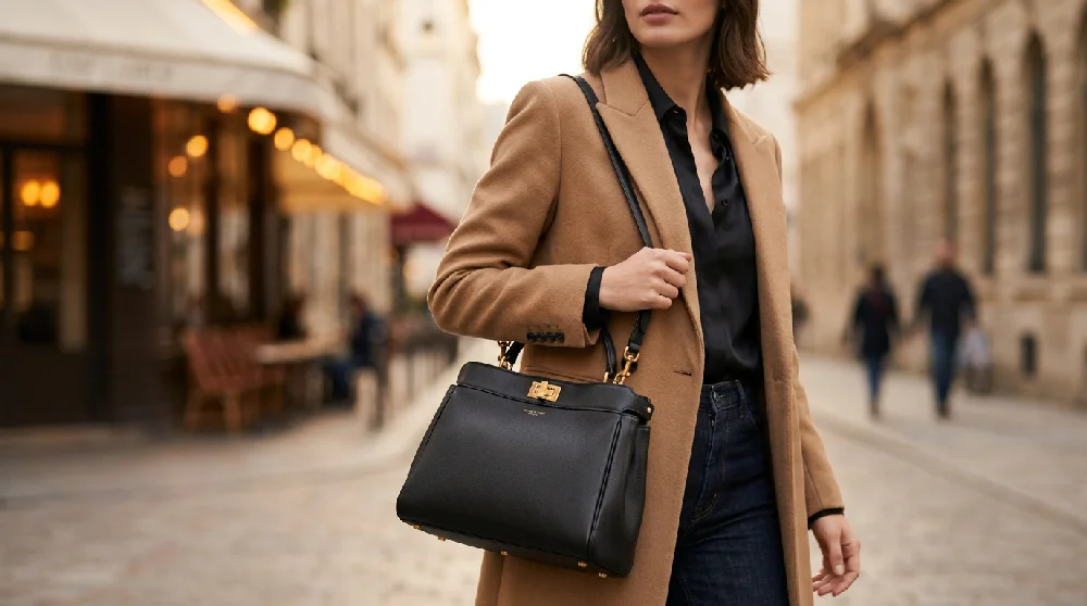 Een close-up van een vrouw die over een geplaveide straat in een stad loopt. Ze draagt een elegante, lange camelkleurige jas, een zwarte blouse en een donkere spijkerbroek. Over haar schouder hangt een klassieke, zwarte leren handtas met goudkleurige details en een draaisluiting. Op de achtergrond is een sfeervol terras met warme verlichting en een historisch gebouw in een zachte focus te zien.