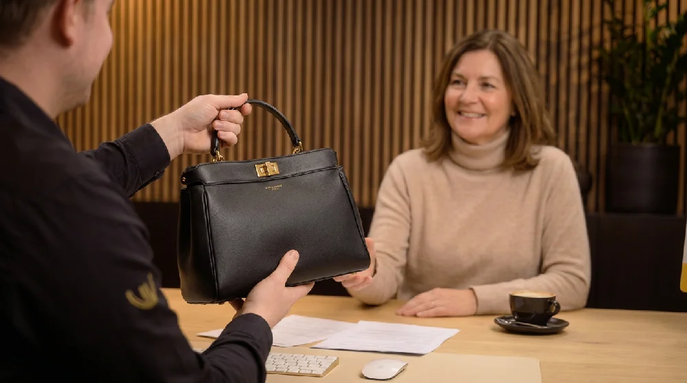 Vrouw vult online formulier in voor verpanding van haar Saint Laurent tas
