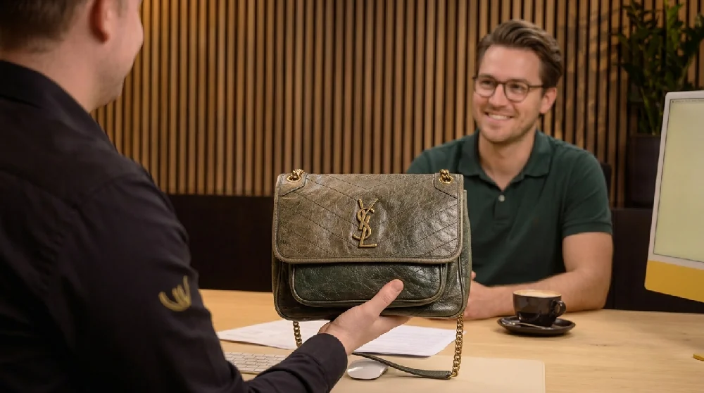 Vrouw vult online aanvraagformulier in voor een Saint Laurent Niki Medium tas