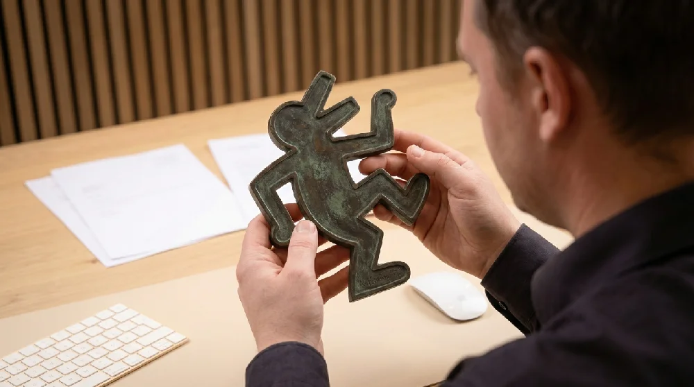 Expert inspecteert een Bronzen Sculptuur tijdens een afspraak in een taxatieruimte