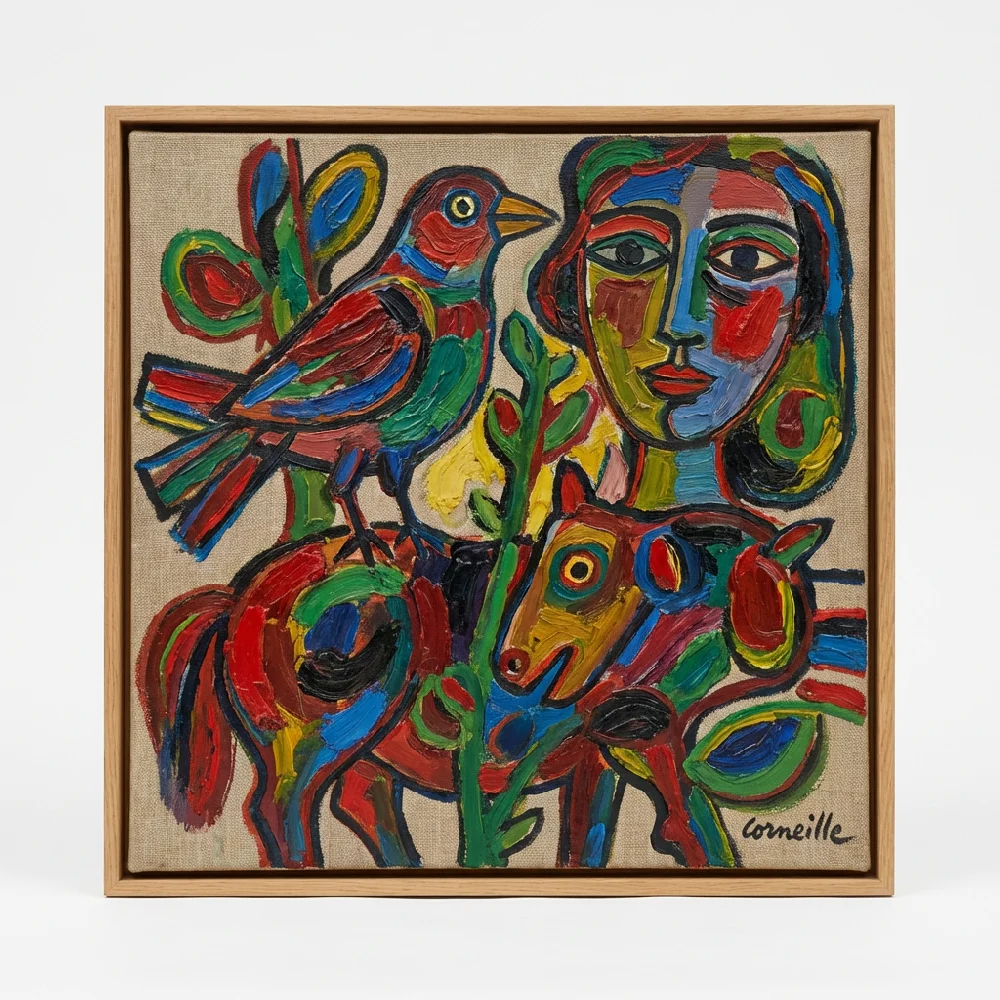 Kleurrijk en expressief schilderij met vogels en figuren in de kenmerkende CoBrA-stijl van Corneille.