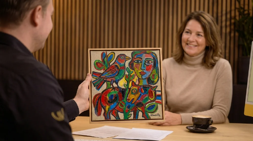 Kleurrijk kunstwerk van Corneille met expressieve vormen en figuren