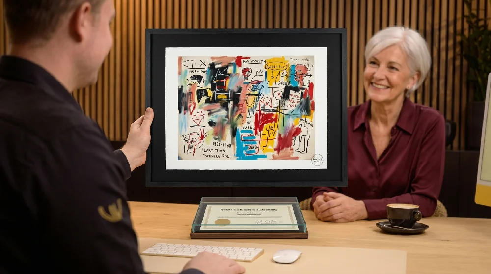 Twee mannen tonen een kleurrijk neo-expressionistisch kunstwerk van Jean-Michel Basquiat met de tekst 'SAMO NEW YORK' bij Vandaag Verpanden.