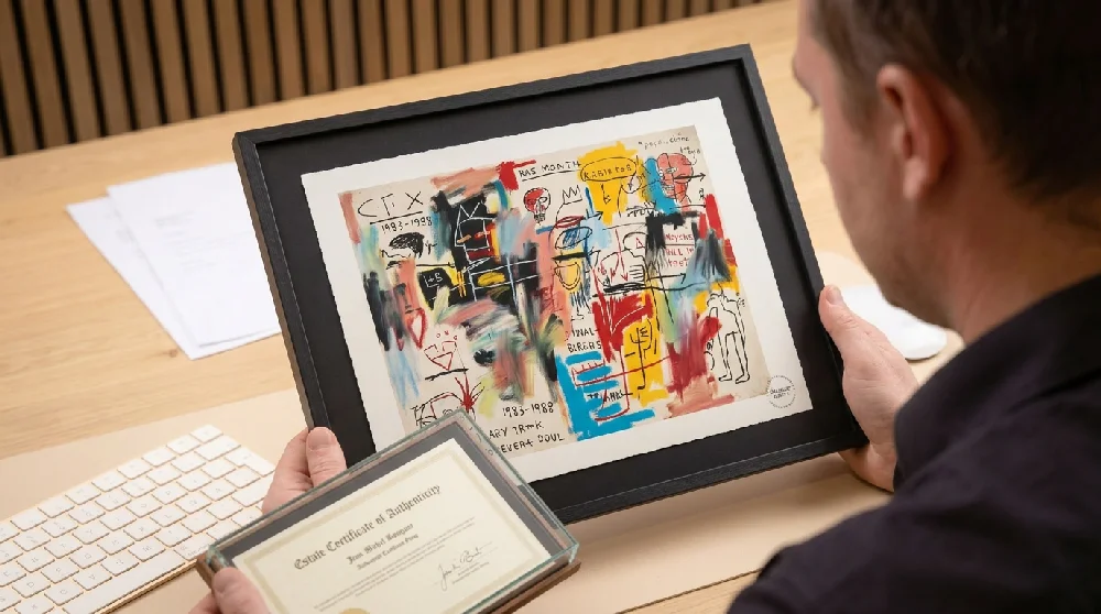 Het kunstwerk met tonen van kleurrijk neo-expressionistisch van Jean-Michel Basquiat wordt vastgehouden met de tekst 'SAMO NEW YORK' bij Vandaag Verpanden