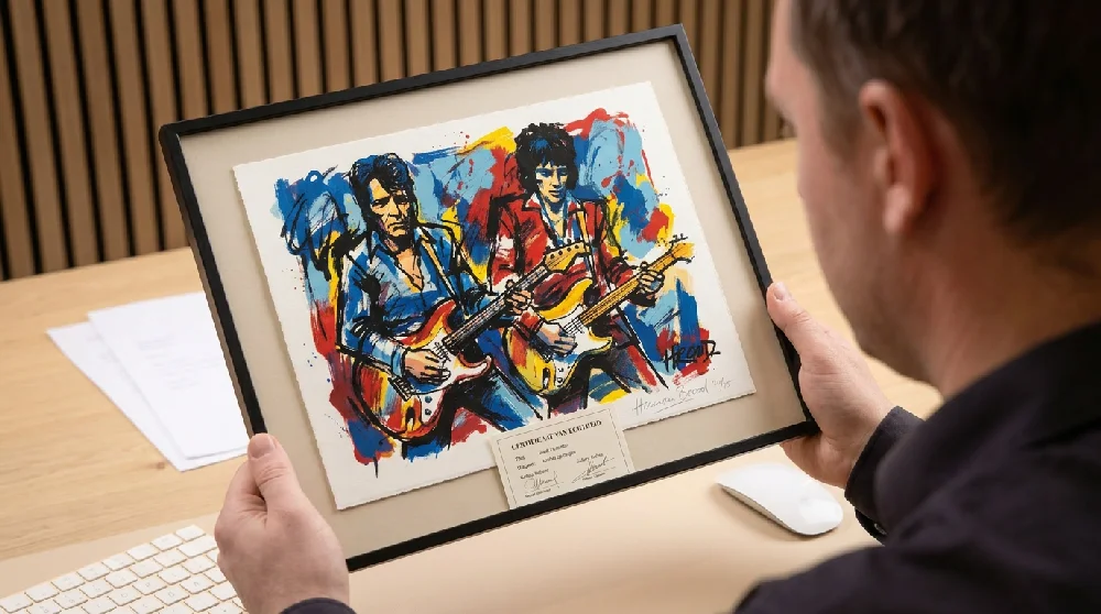 Kunstexpert inspecteert Herman Brood zeefdruk (serigrafie) met handschoenen aan