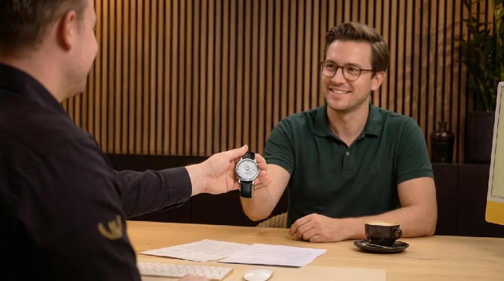 Persoon vult online formulier in voor taxatie van Omega De Ville horloge