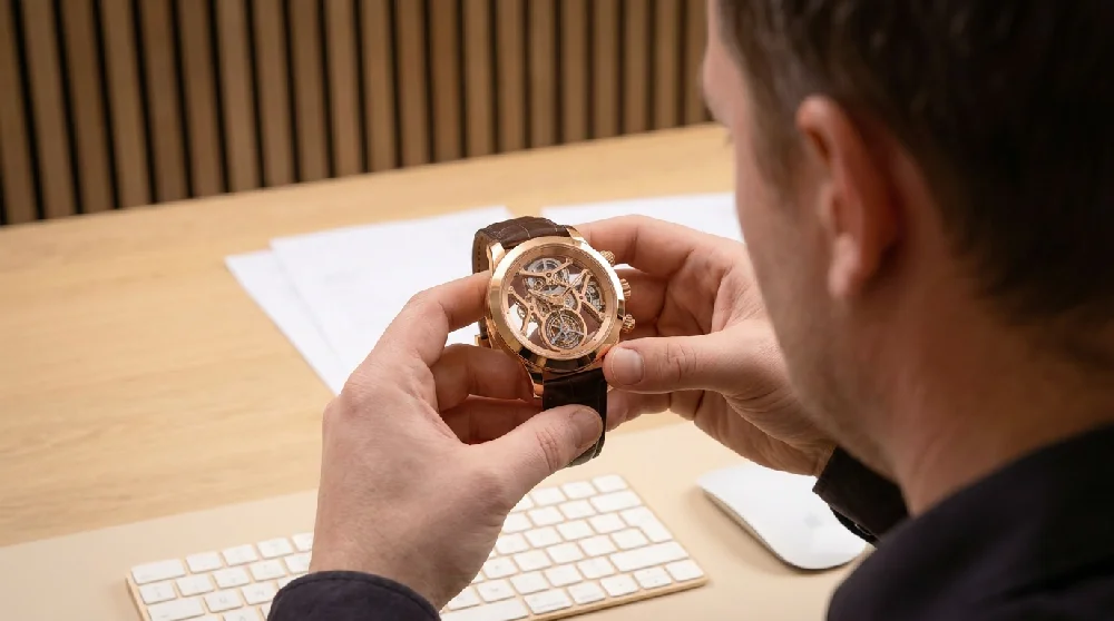 Taxateur beoordeelt de staat en echtheid van een luxe horloge.