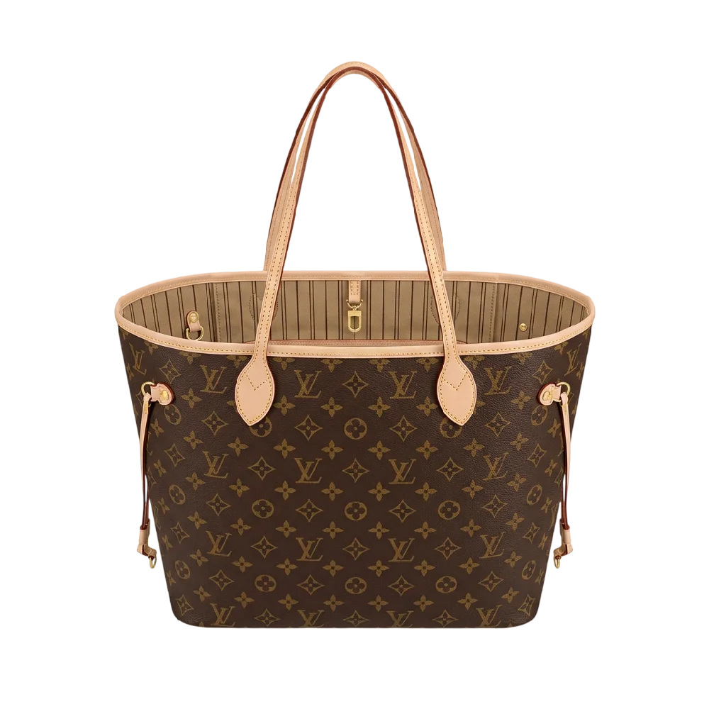 Louis Vuitton Neverfull tas in bruin monogram op witte achtergrond