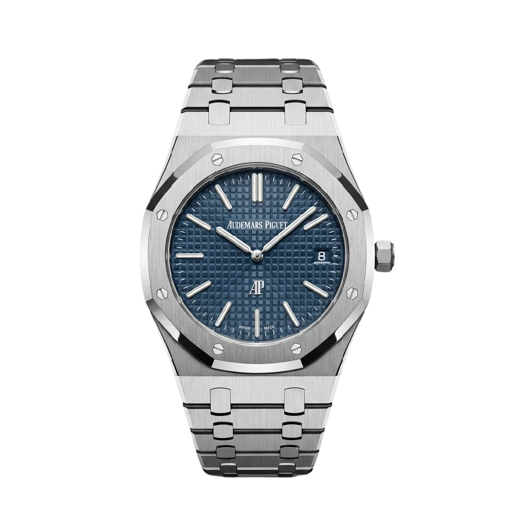Audemars Piguet Royal Oak horloge met stalen kast en blauwe wijzerplaat