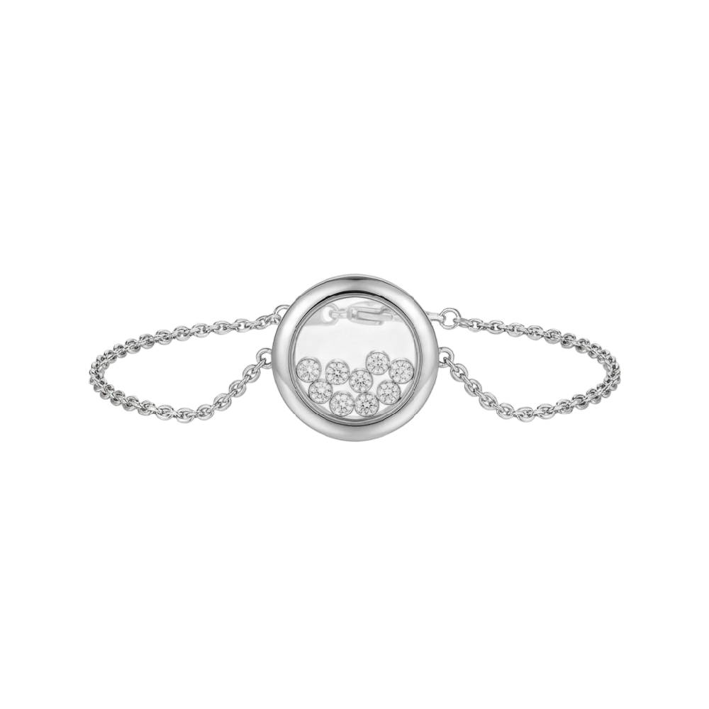 Chopard Happy Diamonds sieraad met bewegende diamanten op een lichte achtergrond.