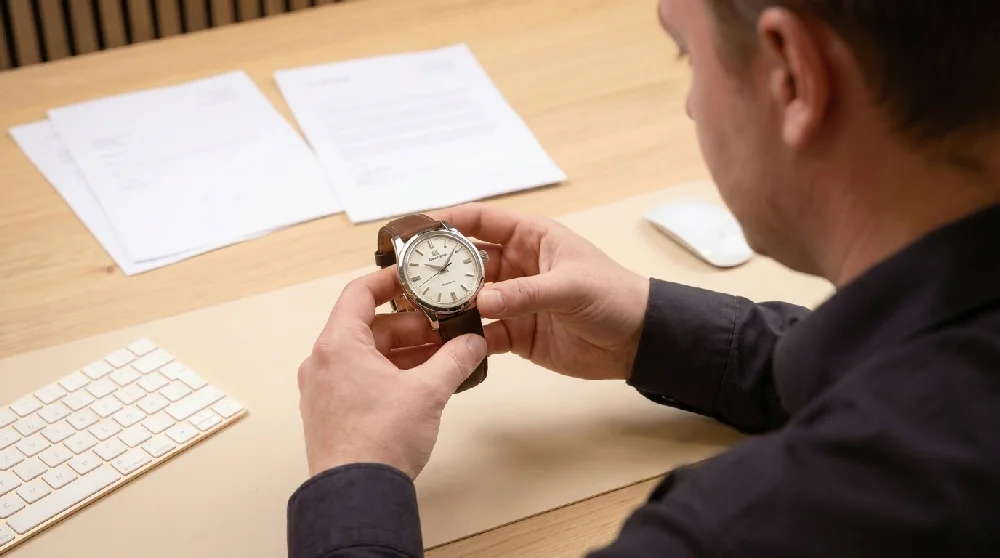 Taxateur beoordeelt een Grand Seiko Elegance horloge met een loep