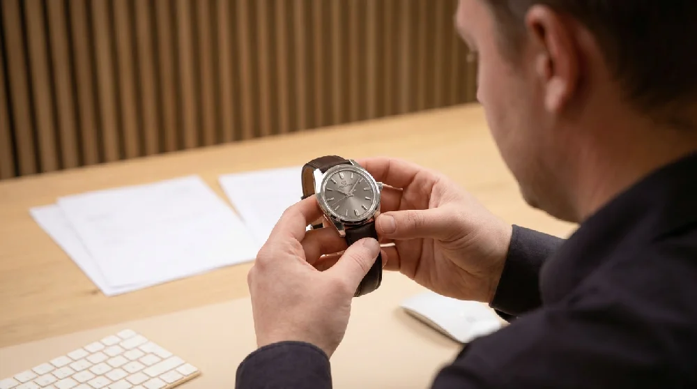 Taxateur controleert een Grand Seiko horloge met een loupe