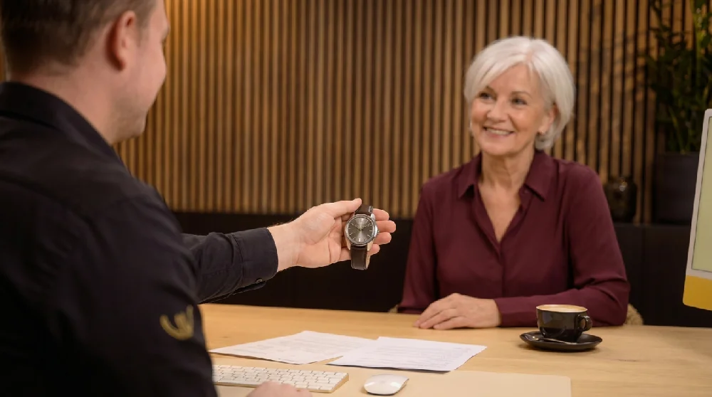 Persoon vult online formulier in voor het verkopen van een horloge