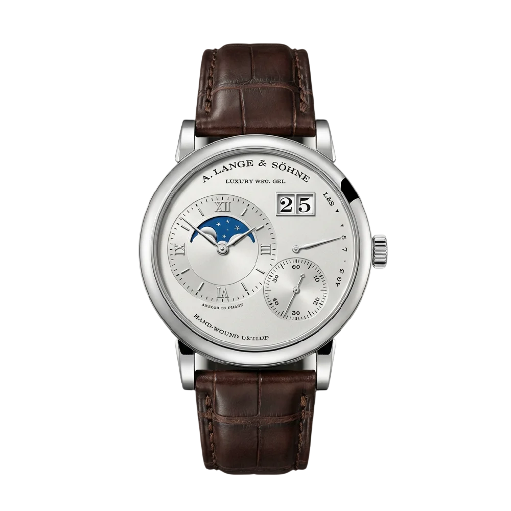Close-up A. Lange & Söhne Lange 1 horloge met zilveren wijzerplaat