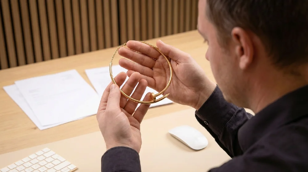 Man en vrouw bespreken Cartier Love sieraad met juwelier aan tafel
