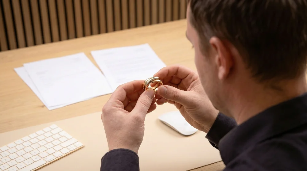 Juwelier inspecteert Cartier Trinity ring tijdens discrete afspraak in kantoor.