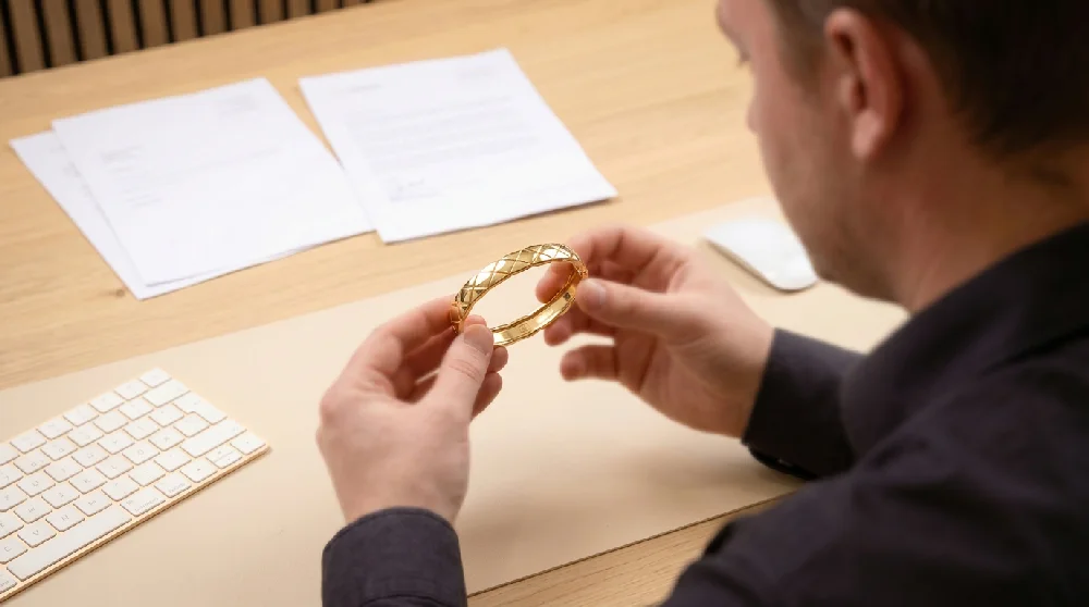 Juwelier taxatietafel met een Chanel Coco Crush sieraad en een vergrootglas