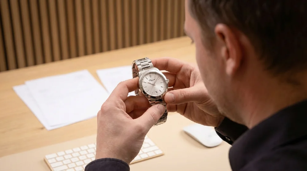 Man taxateur bekijkt Chopard Happy Sport horloge, symbool voor afspraak