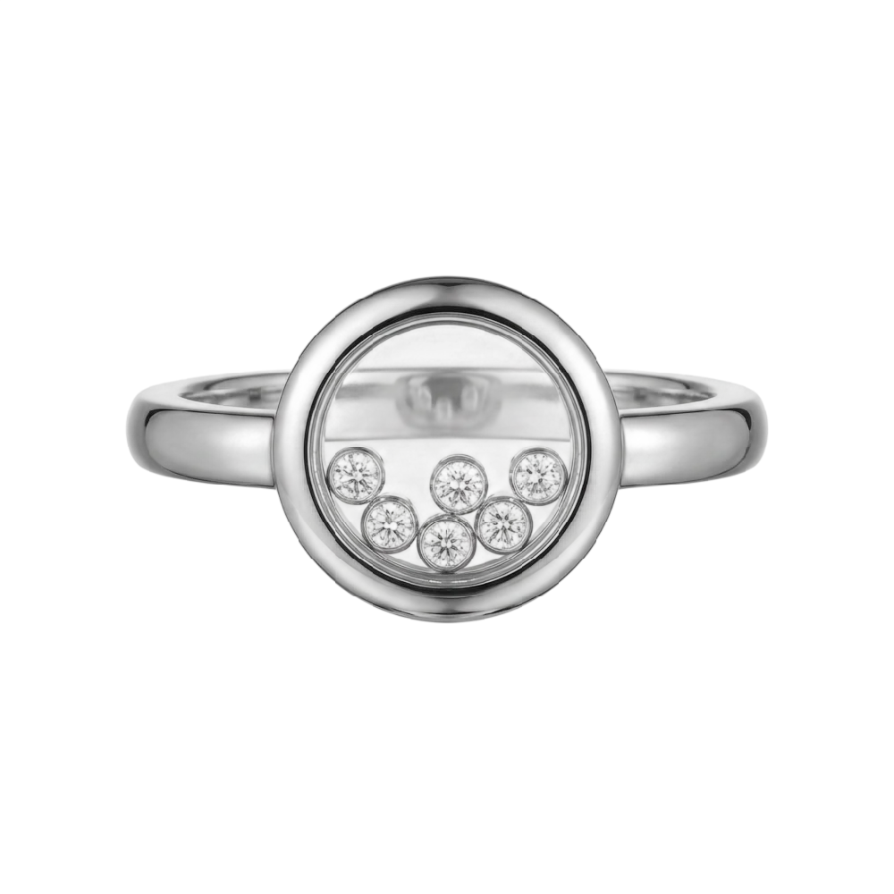 Close-up van een Chopard Happy Diamonds ring met bewegende diamanten