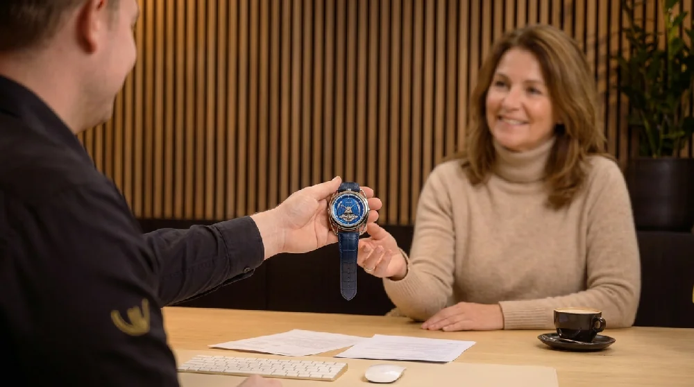 Man vult online formulier in voor verpanding van een De Bethune DB28 horloge