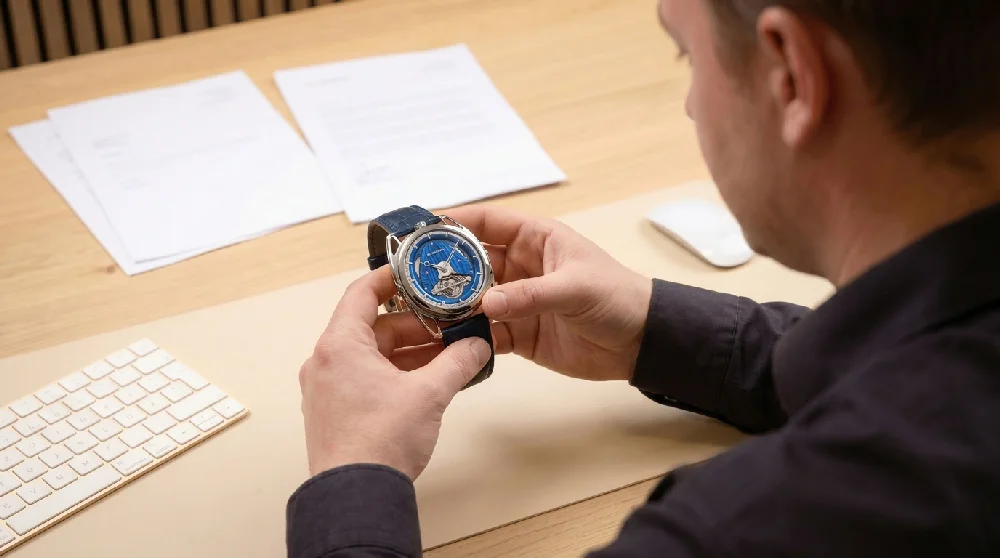 Horlogemaker taxeert een De Bethune DB28 horloge door middel van een loupe