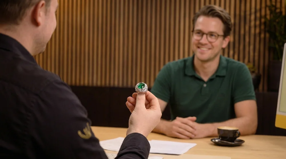 Hand vult online formulier in voor verpanding aanvraag Fabergé Colours of Love