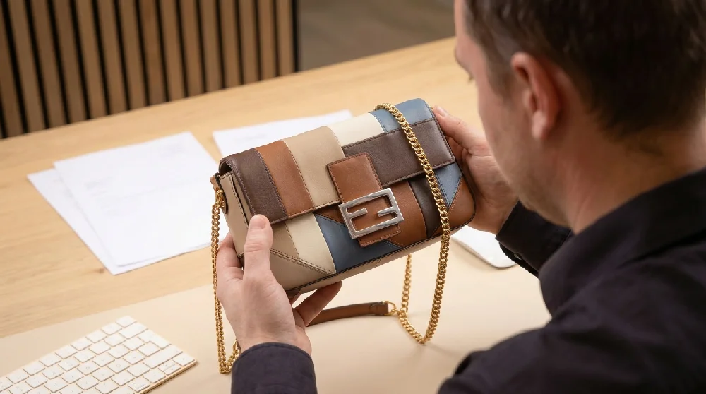 Medewerker Vandaag Verpanden taxeert Fendi Baguette tas in een kantoor