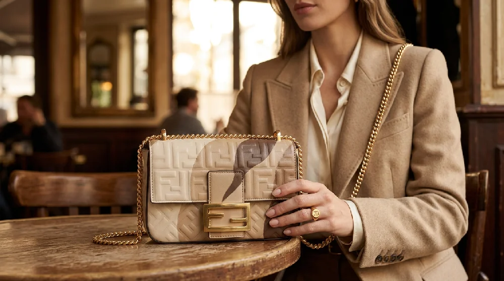 Fendi First tas veilig opgeborgen in een beschermende doos in een beveiligde ruimte.