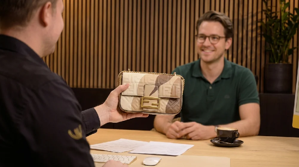 Foto van een smartphone waarop het online aanvraagformulier van Vandaag Verpanden voor een Fendi First tas te zien is.