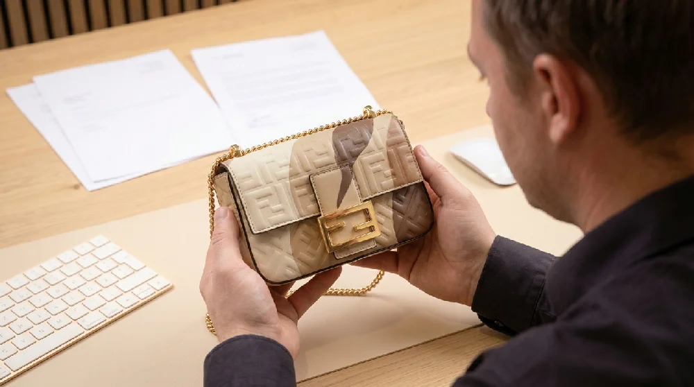 Nauwkeurige taxatie door een specialist van Vandaag Verpanden van een Fendi First tas.