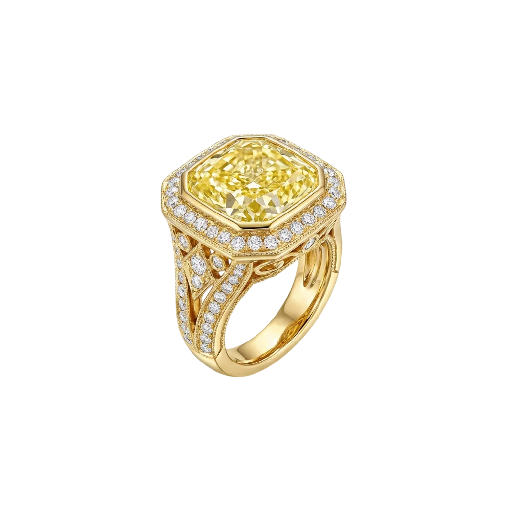 Graff Solitaire ring met grote diamant op donkere achtergrond.
