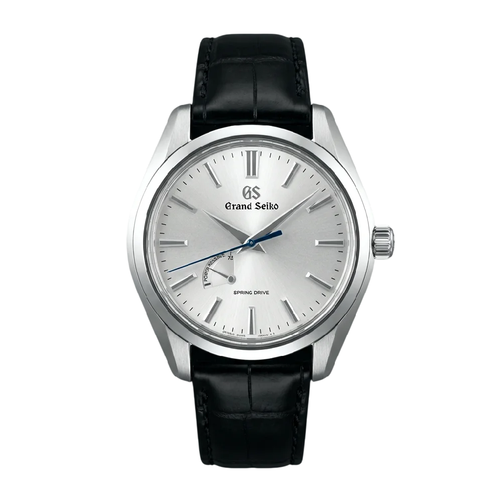 Luxe Grand Seiko Elegance horloge met leren band op een donkere achtergrond.