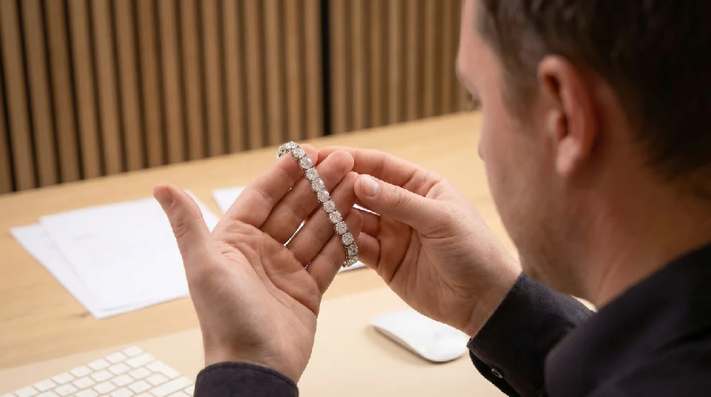 Een expert die een Harry Winston Avenue horloge taxeert.