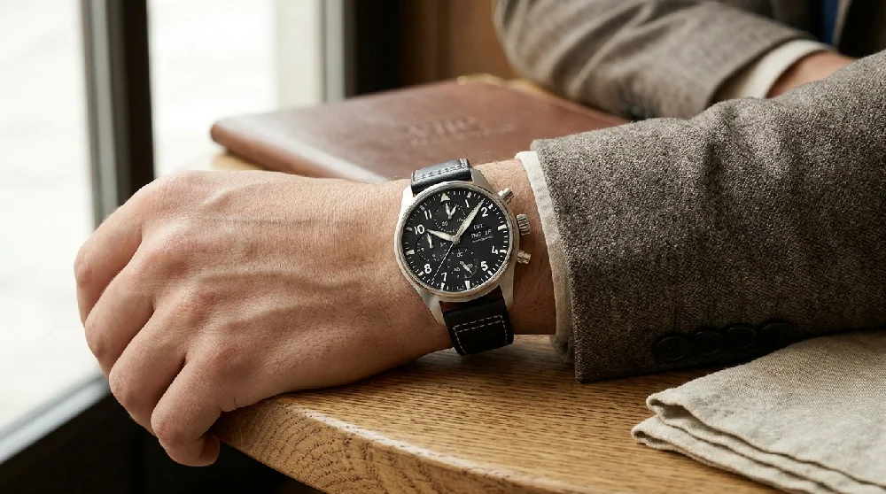 Stalen kluisdeur van een bank met een IWC Pilot's Watch op de voorgrond