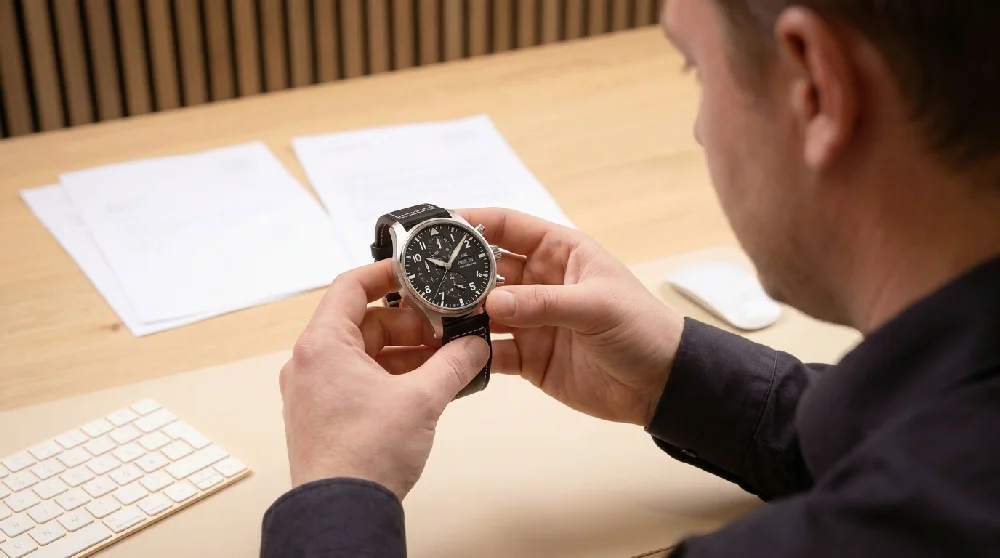 Handen schudden bij een bureau, met een IWC Pilot's Watch op tafel