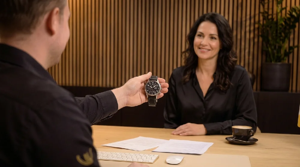 Persoon die online formulier invult op tablet voor IWC Pilot's Watch