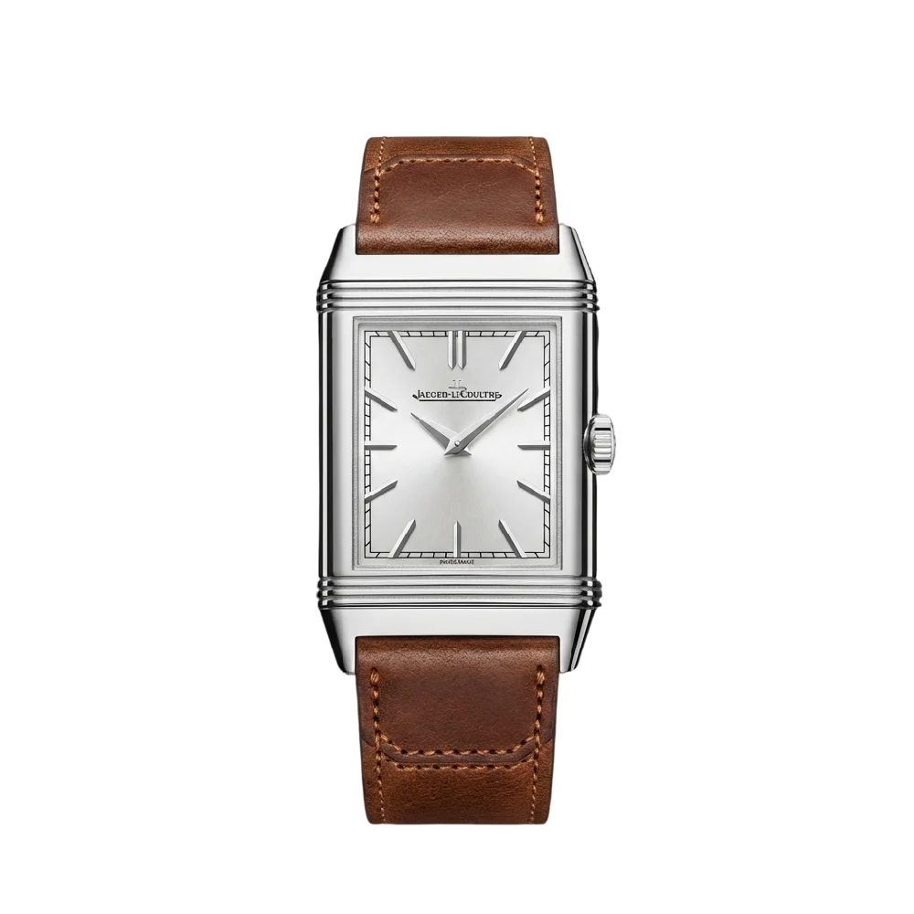 Jaeger-LeCoultre Reverso horloge van voorzijde. Stalen kast, witte wijzerplaat met blauwe wijzers.