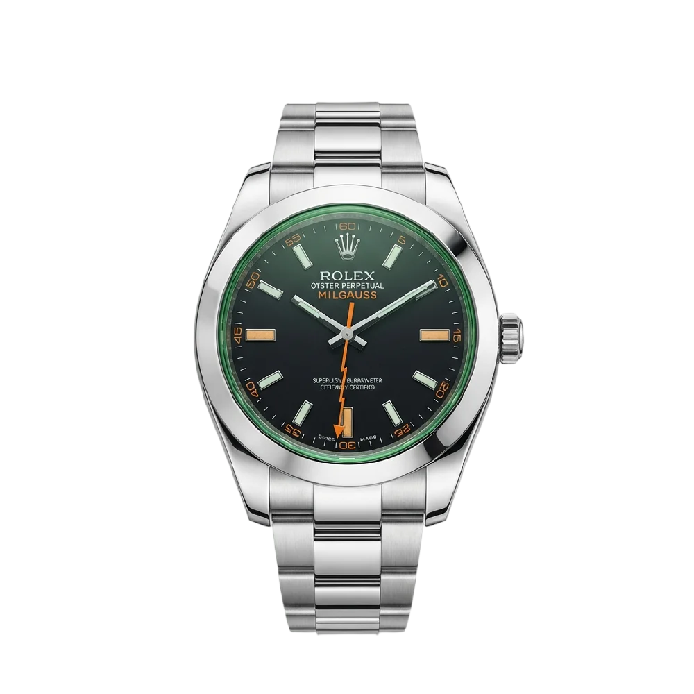 Stalen Rolex Milgauss horloge met groene sapphire glasrand