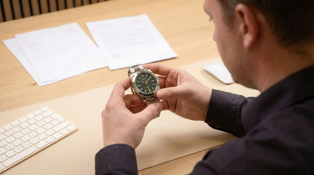 Horlogemaker taxeert een stalen horloge met een loep