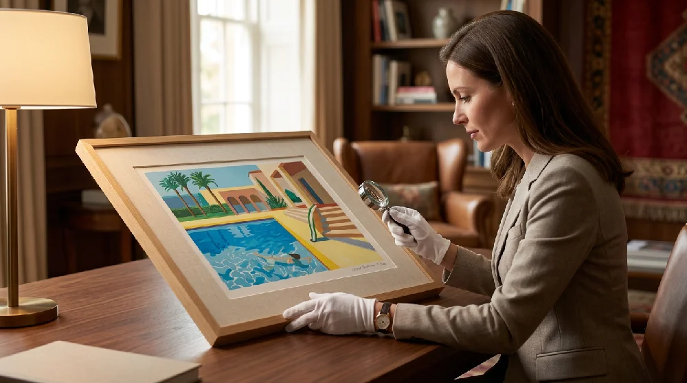 Een David Hockney Lithografie & Ets hangt veilig in een klimaatgecontroleerde opslagruimte.