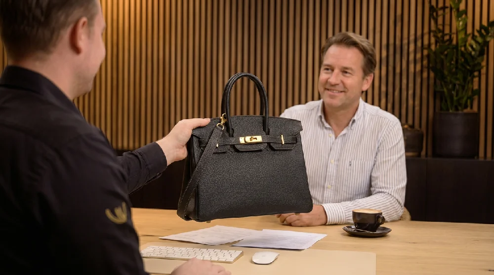 Vrouw vult online formulier in via laptop voor verpanding Hermès Kelly tas