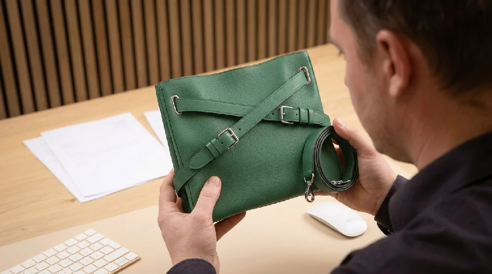 Twee mensen overleggen bij een bureau met een Hermès Halzan 25 tas, voor het plannen van een afspraak en taxatie.